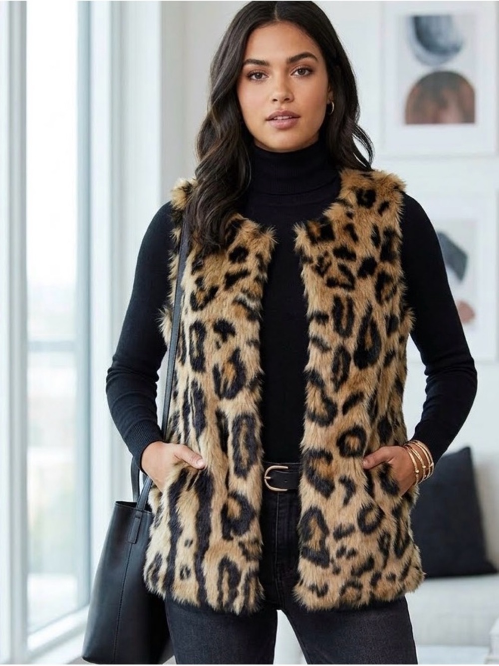 Romeo & Juliet Couture Leopard Print Faux Fur Black & Tan Vest Medium NWOT
